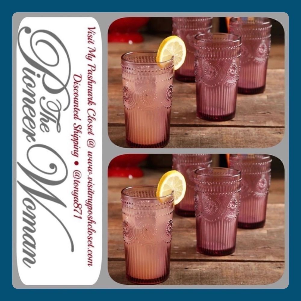 🦋 New Pioneer Woman Adeline 16-Ounce Footed Glass Tumblers, Set of 8, Plum